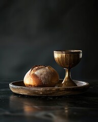 Sacred bread and chalice on dark background. Religion concept