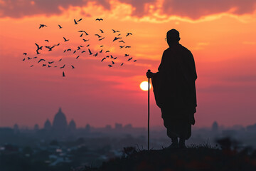 silhouette of a person walking with stick under the sun, with pigeons flying around him for Gandhi jayanti holiday celebration on the 2nd of october