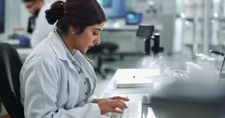 Wall Mural - scientist, keyboard and woman typing research for test, exam and drug development report in lab. med