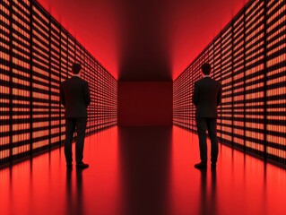 Two businesspeople in a red-lit corridor, modern setting.