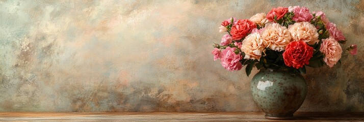 Poster - A vibrant bouquet featuring roses and carnations sits gracefully in a vintage ceramic vase atop an antique wooden table, enhancing the décor. Generative AI