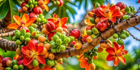 Vibrant Mahua flowers and fruits adorn tree branches, showcasing nature's vivid colors. A tapestry of tropical flora