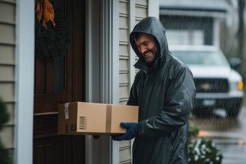 A man wearing a black jacket is holding a brown box