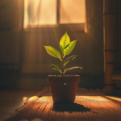 Young plant in a pot on a wooden floor, bathed in warm sunlight, symbolizing growth and new beginnings.