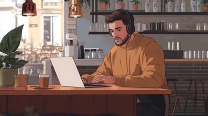 Wall Mural - The young man, wearing headphones, is focused on his laptop while seated in a warm cafe. A coffee cup and a potted plant are on the wooden table, complementing the inviting atmosphere.