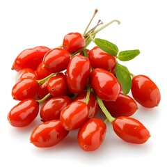 A bunch of red berries with green leaves 