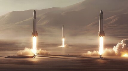 Fototapete - Three rockets launch into the air at sunset from a desert launchpad. The flames from the rocket engines create a bright orange glow in the sky, as smoke billows out from the base of each rocket.