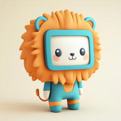 a cute 3d lion mascot with a computer screen head, combining techsavvy charm with a vibrant orange a