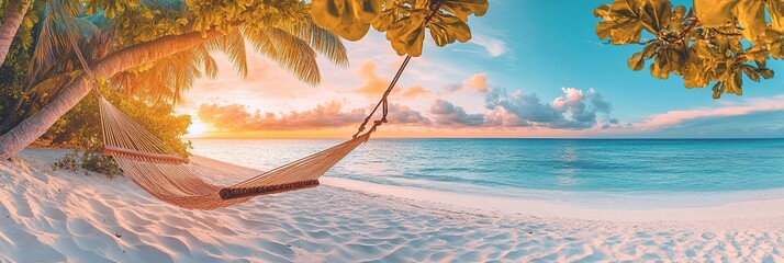 Sunny tropical beach with hammock and wooden swing on white sand at sunset