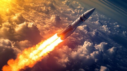 Aufkleber - A rocket ascends into the sky, emitting a fiery orange plume of exhaust as it moves upward through scattered clouds. The backdrop features a beautiful sunset, enhancing the dramatic effect.