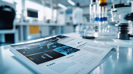 A white science laboratory background with a flyer designed in InDesign featuring the word 'Hospital,' displayed on a clean laboratory countertop with a backdrop of lab tools.
