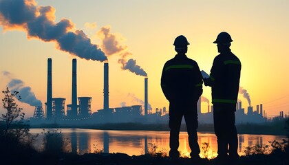 Wall Mural - Engineers in Silhouette Discussing Plans Amidst Power Stations Industrial Landscape and Polluted Sky