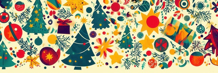 Wall Mural - This colorful abstract design showcases Christmas symbols including trees, stars, snowflakes, and gifts, creating a joyful holiday feel. Generative AI