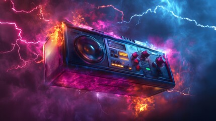 A rainbowcolored boom box floating in front of a backdrop of swirling sound waves and electriccolored lightning