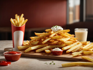 crispy french fries with ketchup and mayonnaise.