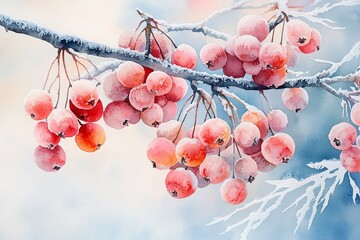 Poster - Watercolor Painting of Frozen Berries Encased in Ice: Hanging Delicately from Frosted Branches