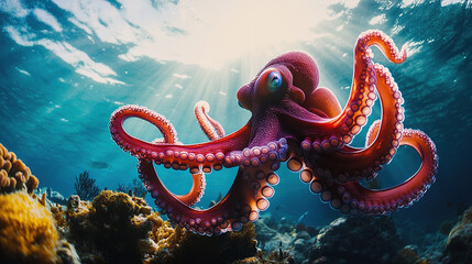 World Octopus Day. Octopus in the sea. Cute octopus in an underwater coral reef. Colorful octopuses in anemones on the background of coral reefs. Beautiful octopus underwater. Copy space area