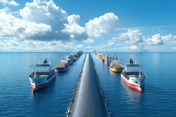 Freight ships lined up at a large dock under a blue sky.