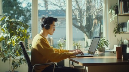 Poster - A man wearing a yellow sweater and headphones sits in a chair by a window, using his laptop. The window looks out onto a sunny, green yard