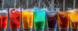 © ImagePulse - Soda fountain splashing into multiple glasses, colorful flavors pouring simultaneously, soda variety, refreshing drink explosion
