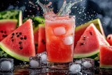 Watermelon soda splashing out of a glass, surrounded by ice cubes and watermelon slices, watermelon soda, refreshing summer drink