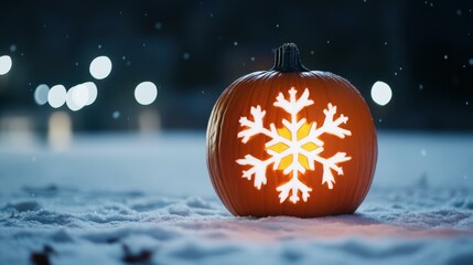 Sticker - Experience the perfect fusion of Halloween and winter with this charming pumpkin adorned with intricate snowflakes in a frosty scene.