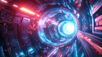 Wall Mural - 3d techno space odyssey, futuristic space station in a cosmic void, holographic and dynamic lighting
