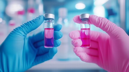 Fototapete - Two researchers are holding laboratory vials filled with bright pink liquids. The focused work highlights the scientific analysis taking place in a modern lab environment.