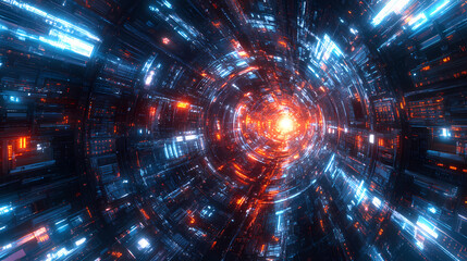Wall Mural - 3d techno space odyssey, futuristic space station in a cosmic void, holographic and dynamic lighting
