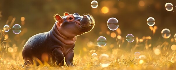 A playful baby hippo surrounded by floating bubbles in a sunlit grassy field, capturing a moment of joy and innocence.