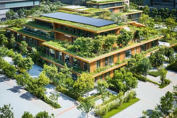 An energy-positive building that generates more power than it consumes, surrounded by public green spaces, energy-positive building, sustainable architecture