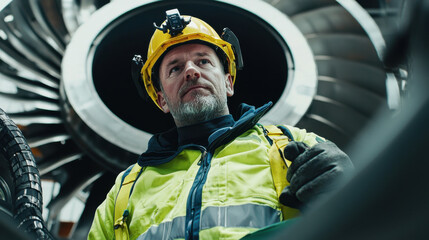 A focused engineer-inspecting a large jet engine, wearing safety gear and a hard hat, showcasing industry professionalism.