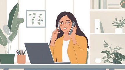 Woman on Phone Call at Her Desk with Laptop and Plants