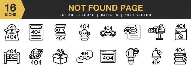 Wall Mural - Not Found Page icon set. Editable Stroke Icon Collection. Includes not found page line icons, and More. Outline icons vector collection.