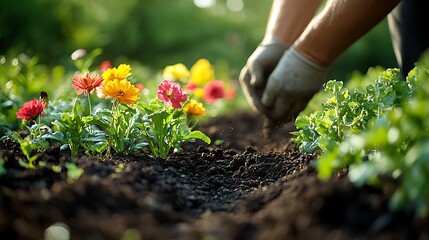 Close-up of a gardener digging a hole in the garden bed, preparing the soil for planting vibrant flowers, sunlight shining on the green plants and dark soil, creating a sense of peaceful productivity.