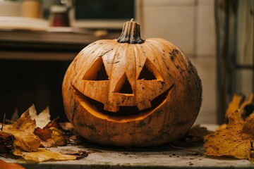 Carved Pumpkin with Soft Smile Surrounded by Leaves