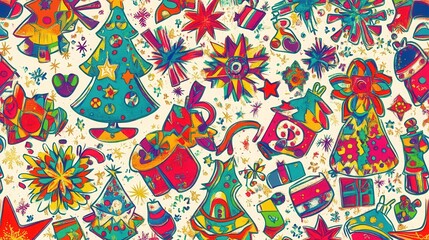 Wall Mural - An intricate design showcasing a vibrant array of Christmas symbols, including trees, stars, gifts, and snowflakes for the holiday season. Generative AI