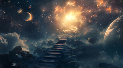 a mystical journey across the cosmos awaits on a ladder stretching from earth to the stars, beckonin
