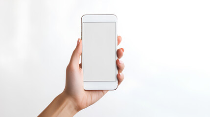 Wall Mural - woman hand holding a white screen smart phone on white background