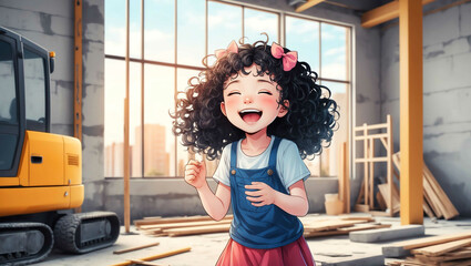 Canvas Print - Girl adorable in renovation site background giggling with curly hair anime illustration art cartoon