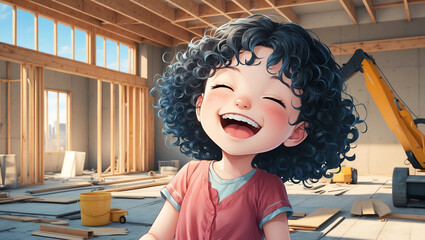 Poster - Girl adorable in renovation site background giggling with curly hair anime illustration art cartoon