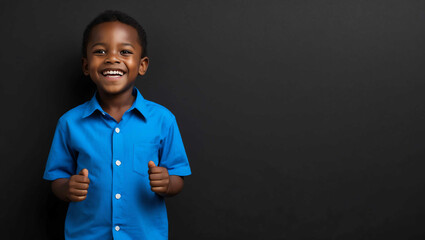 Poster - Joyful African boy in blue shirt on plain dark black background with copy space