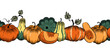 © OlivaGreen - Autumn pumpkin sketch seamless border. Whole pumpkins of various shapes, piece of pumpkin. Color hand-drawn vector illustration clipart.