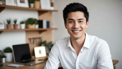 Poster - Portrait of a confident young man in white shirt in cozy workspace background smiling at camera