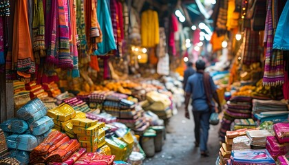 Vibrant Indian marketplace alive with colorful goods and shoppers immersed in the lively atmosphere