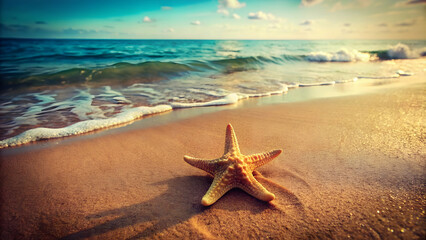 Retro style photograph of a sandy beach with a starfish washed up on the shore, retro, vintage, beach, starfish, sand, sun