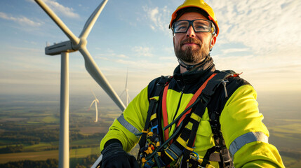 A confident worker poses in safety gear at a wind turbine, showcasing renewable energy commitment and professional expertise.