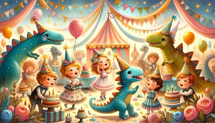 Wall Mural - Fiesta de Monstruos y Dinosaurios en Fantasía