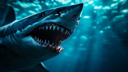 A menacing close-up of a fierce shark's rugged face, showcasing its sharp teeth and powerful jaw, symbolizing raw power, danger, ocean predator, and wild nature.