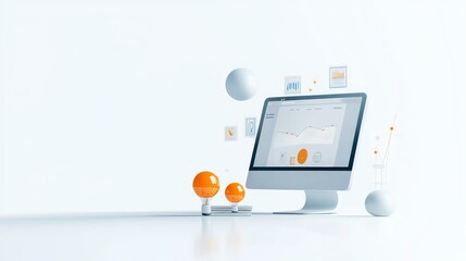 A minimalist  illustration of a computer screen with a digital marketing dashboard, symbolizing data analysis, growth, strategy, ideas, and innovation.